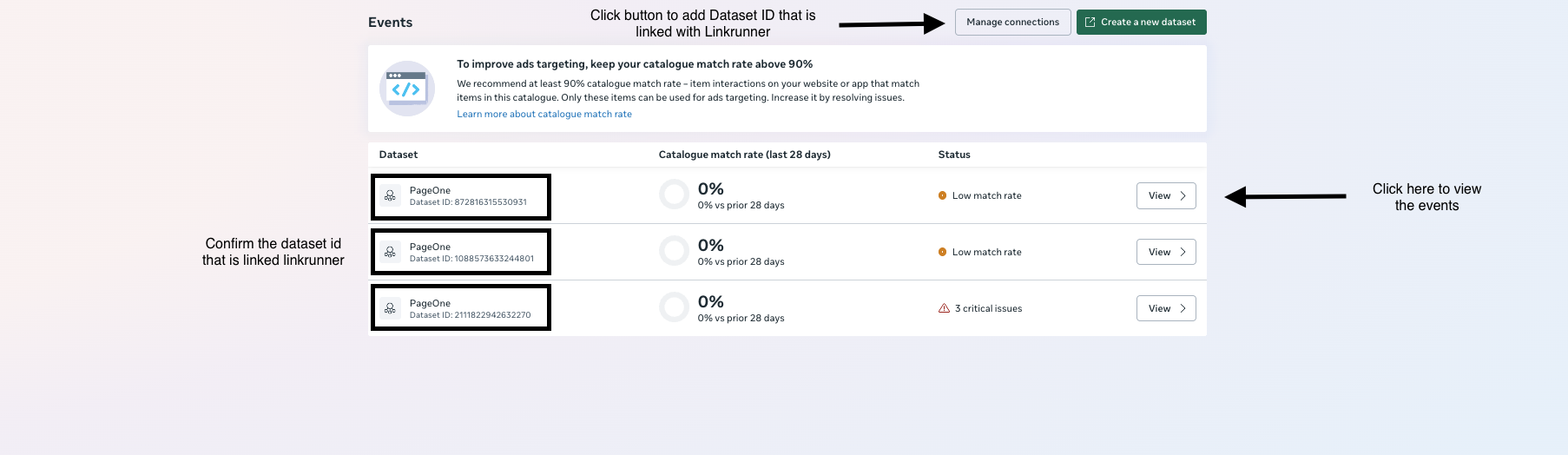 Manage connections and turn on Dataset ID