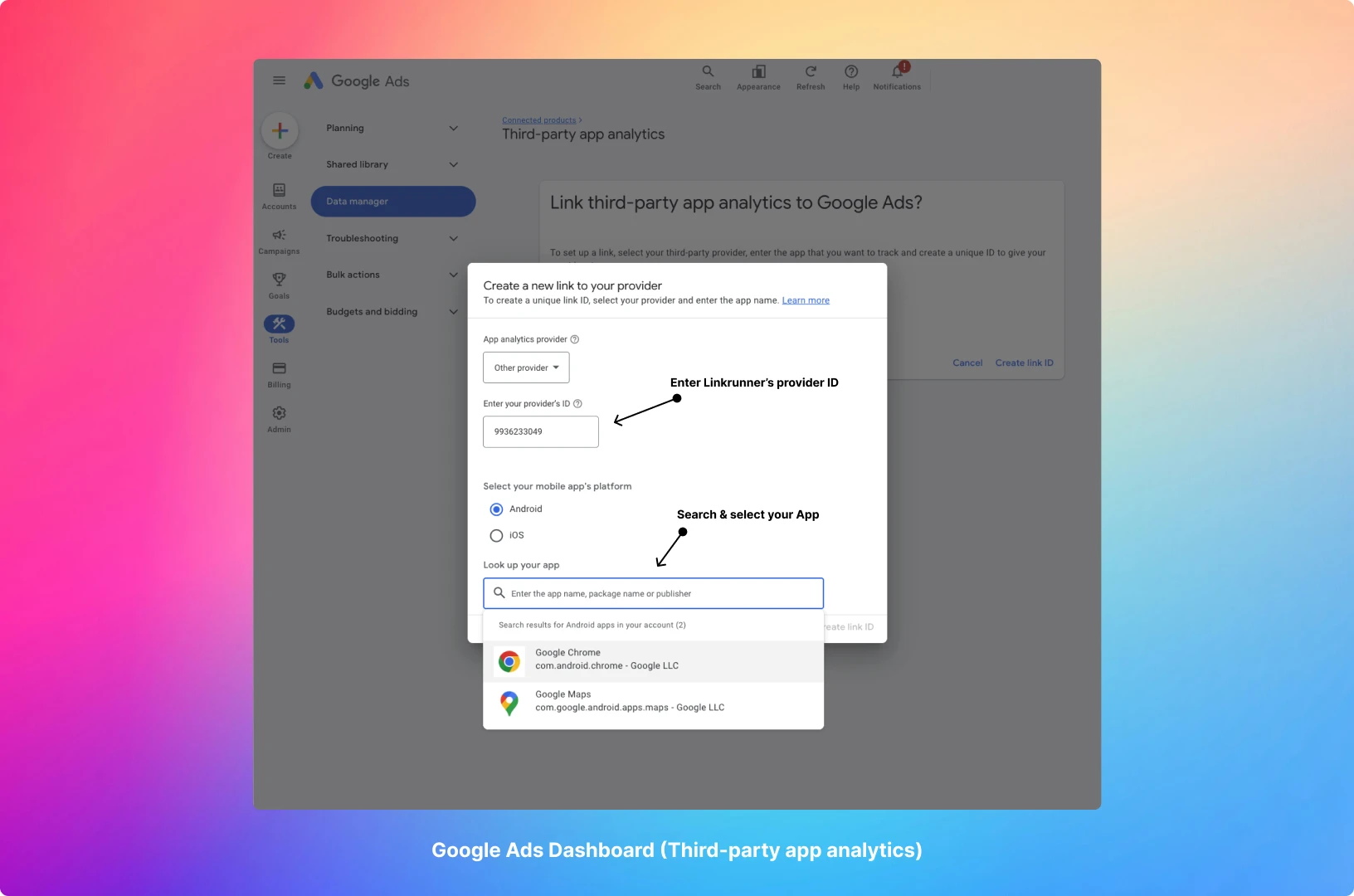 Google Ads third-party app analytics form with Other provider selected