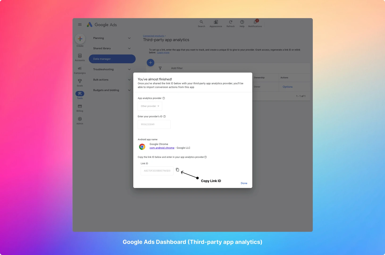Google Ads confirmation dialog with the generated link ID and its copy button