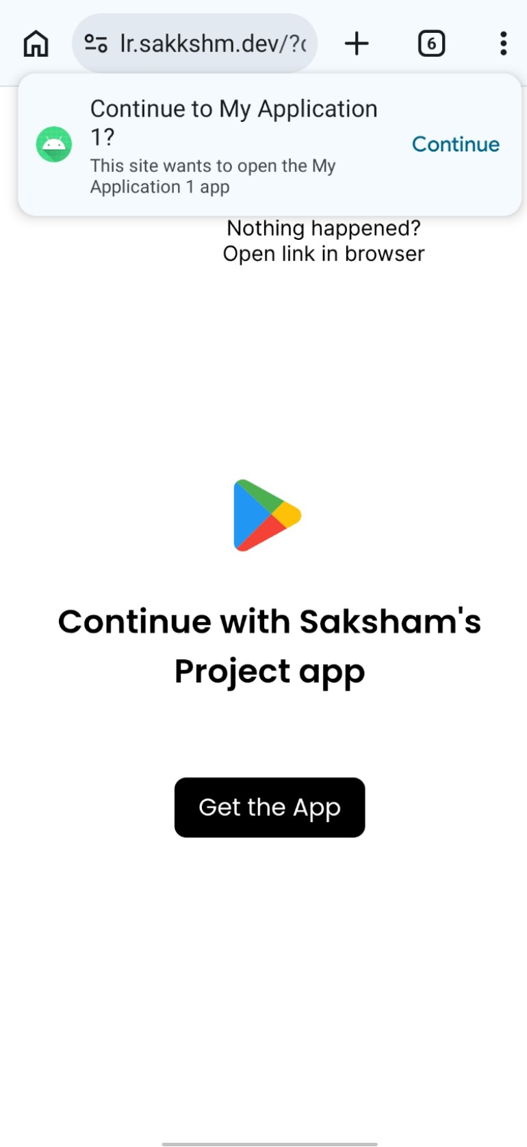 Continue to app popup shown on the Linkrunner redirect page