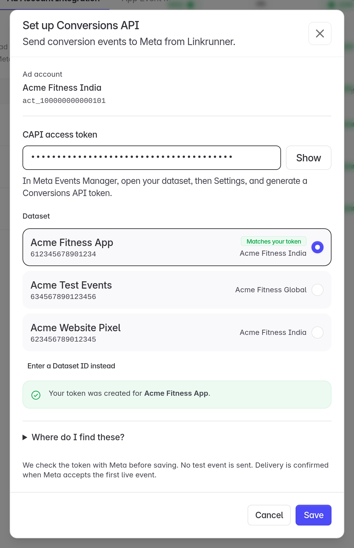 Configure CAPI modal with the token pasted and the matching dataset selected