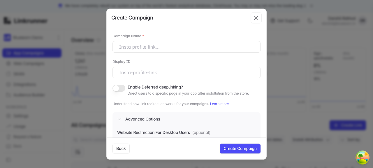 Linkrunner campaign advanced options