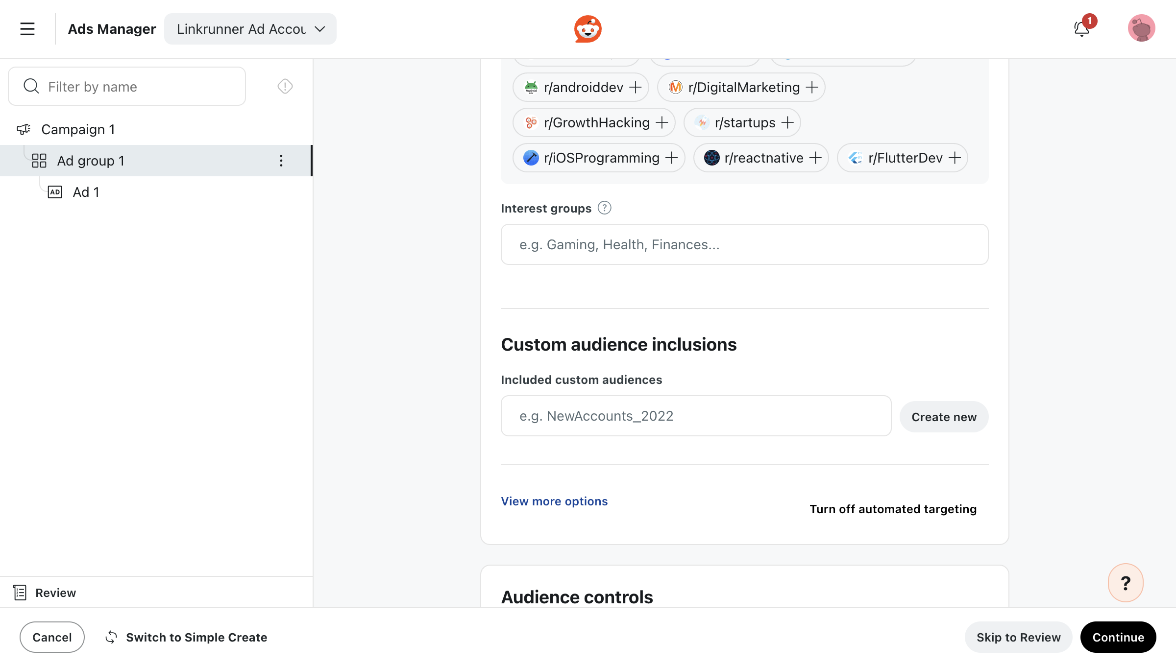Reddit ad group setup