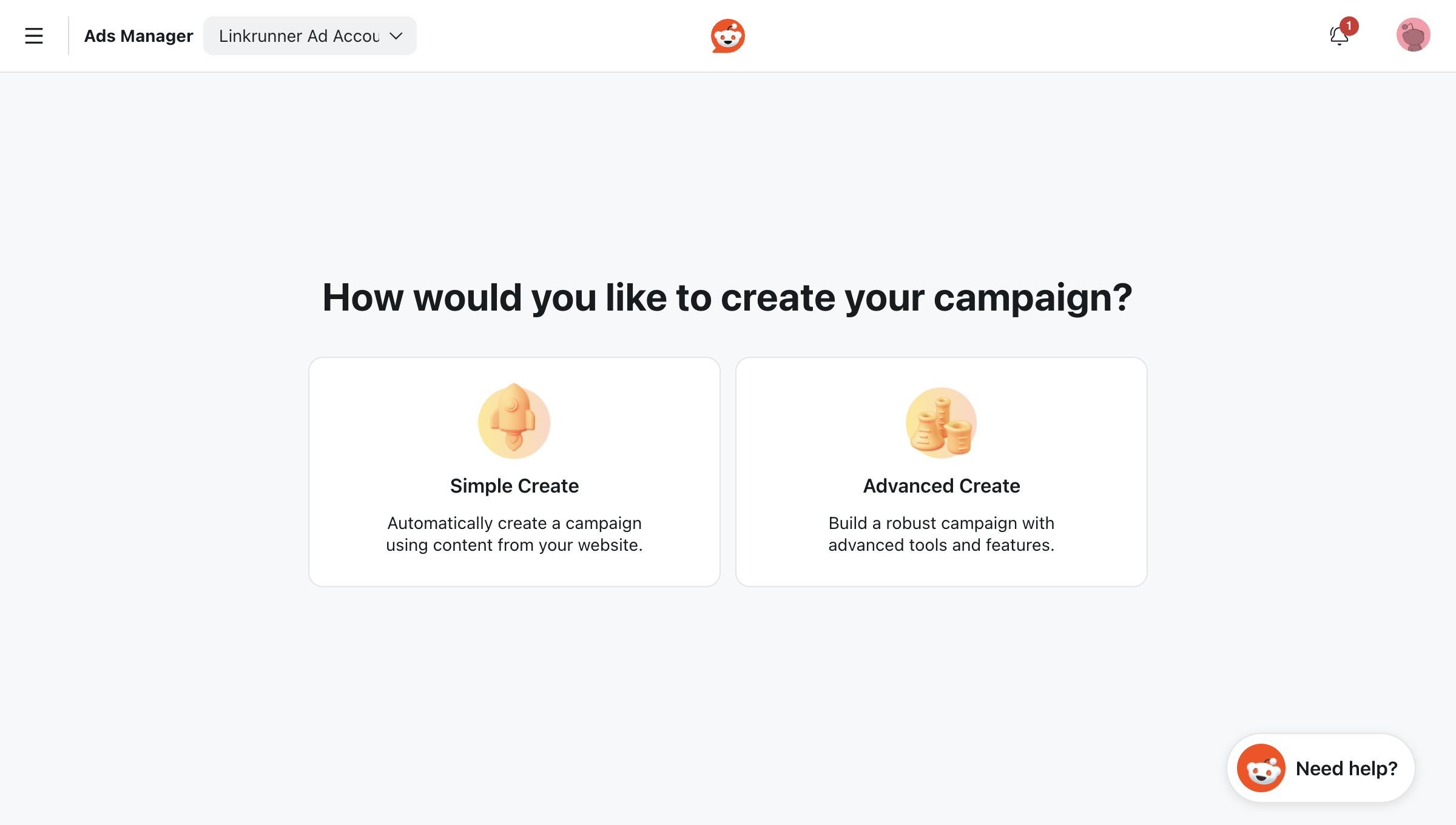 Reddit campaign creation start screen