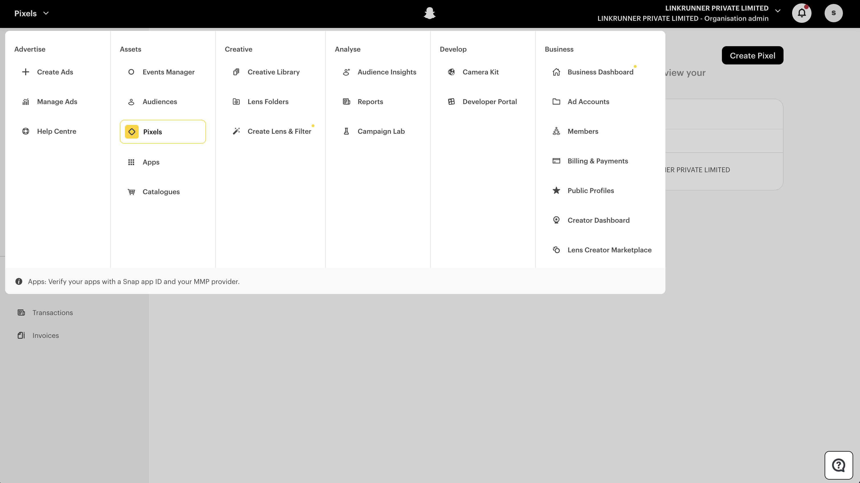 Snapchat Ads Manager - Pixels Menu