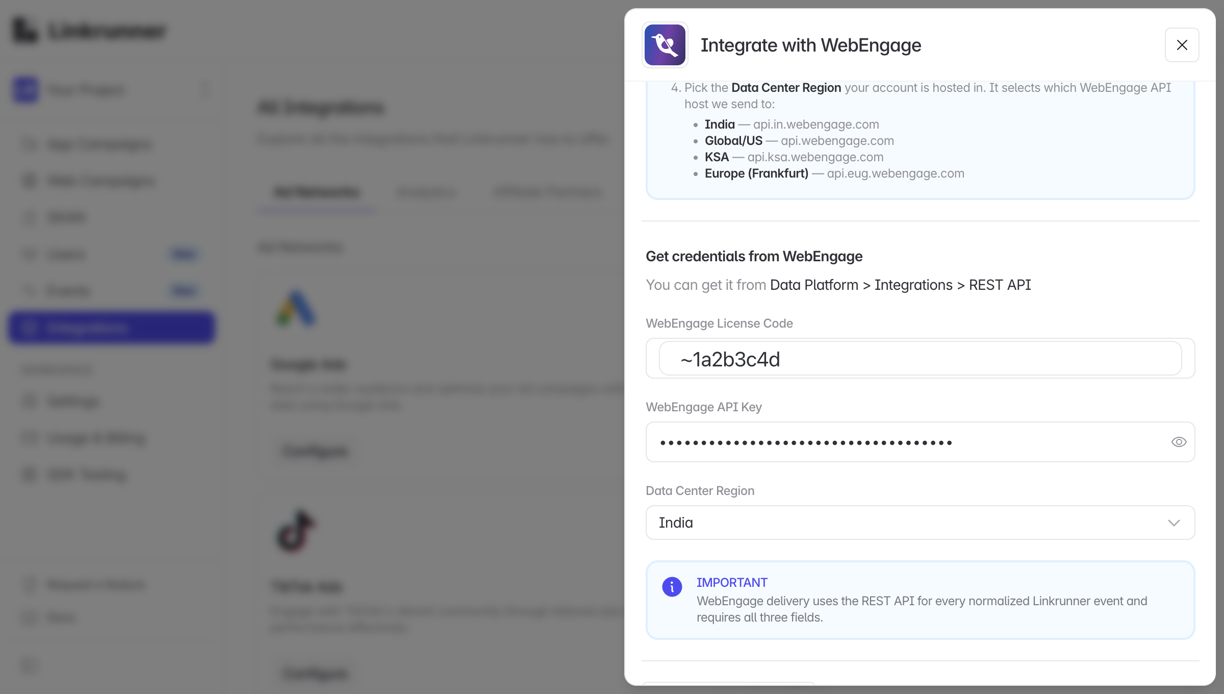 Linkrunner WebEngage integration drawer showing where to paste License Code, API Key, and Data Center Region