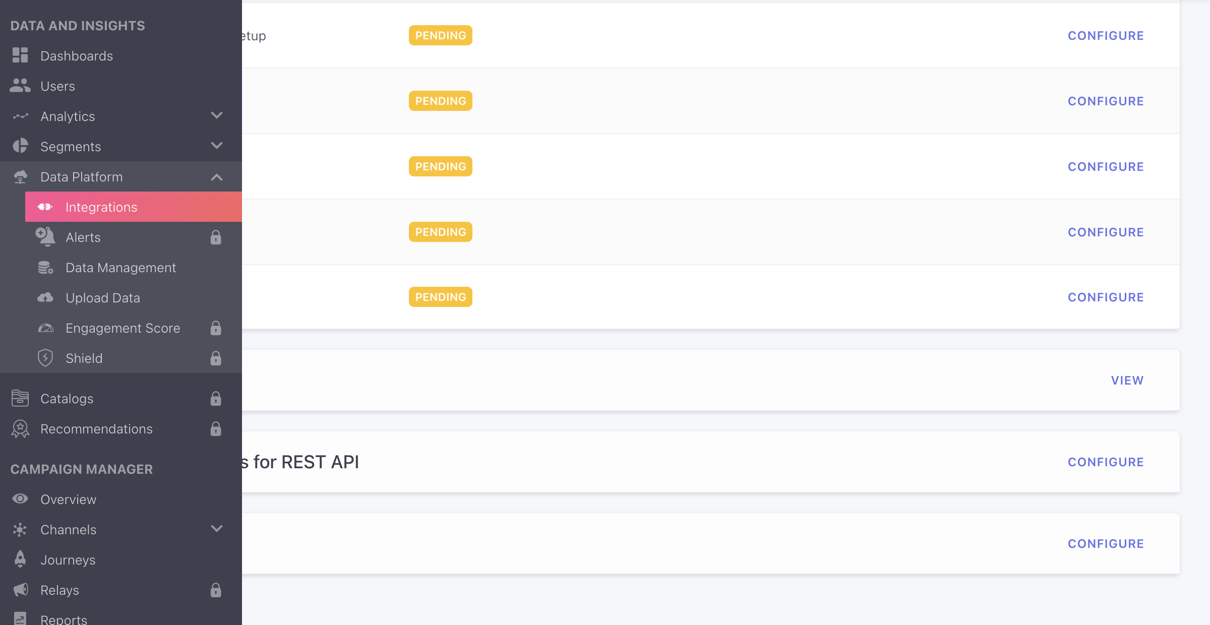 WebEngage dashboard sidebar showing Data Platform, Integrations, and the REST API View action